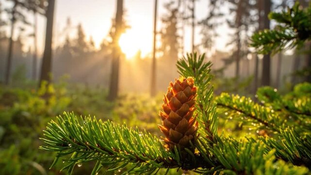 A pinecone on a branch in a misty forest, golden sunlight breaking through