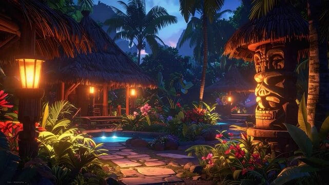 Tropical night scene with huts, tiki statue, glowing lights, and lush flora