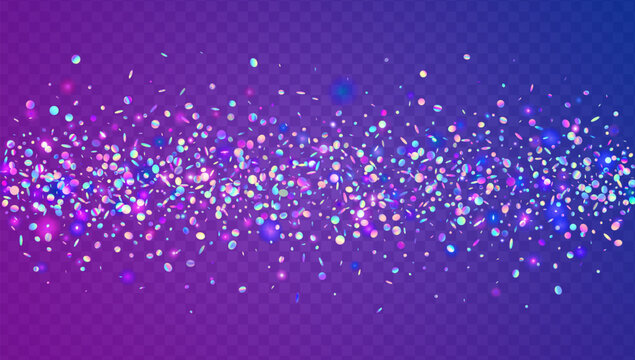 Holographic Tinsel. Pink Carnival Confetti And Blue Neon Glitter. Abstract Birthday Background. Firecracker Texture With Rainbow Color And Sparkle. Purple Holographic Tinsel