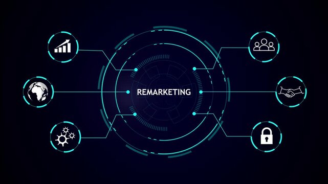 Futuristic neon blue circular interface with central 'remarketing' text and six connecting nodes on dark background