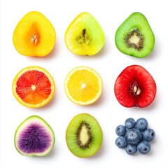 Fototapeta premium Colorful Assortment of Fresh Sliced Fruits on White Background with Vibrant Hues and Textures Displayed Aesthetically