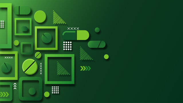Abstract green background with various geometric shapes and pill illustrations.
