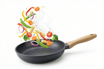 Colorful Stir Fry Vegetables Tossed in Nonstick Frying Pan With Wooden Handle.