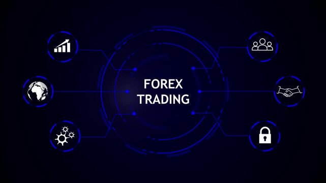 Dark blue fintech concept image with central 'forex trading' text and six circular icons connected around it, futuristic HUD elements