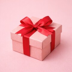 Obraz premium Pink gift box with red bow on pink background, celebration concept