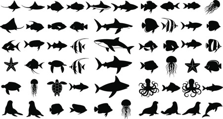 Large sea life silhouette collection, ocean animals vector set, shark, fish, turtle, octopus, jellyfish, seal icons, marine wildlife, isolated on white, 20 words. © Afsun