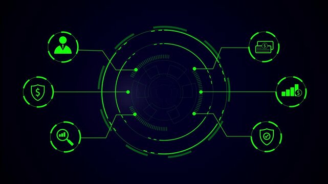Futuristic neon green tech interface with circular HUD center and six connected icons on dark background