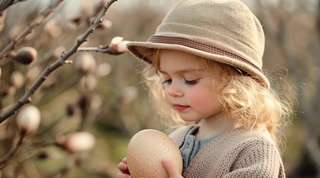 Adorable little girl with curly hair and a hat holding a large Easter egg in a blooming spring garden