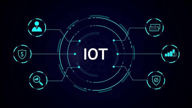Futuristic iot network diagram with central 'IOT' text and six connected cyan icons on dark background