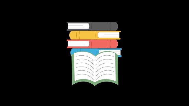 Stack of colorful books with an open book in front. Representing education, learning, knowledge, and academic study concept. 2D motion graphics in 4K resolution with alpha channel.