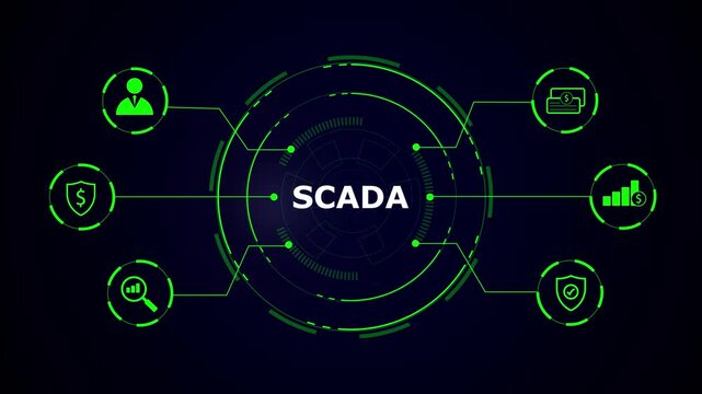Dark tech background with green circular hud and six connected icons around the central word SCADA, futuristic data network visual