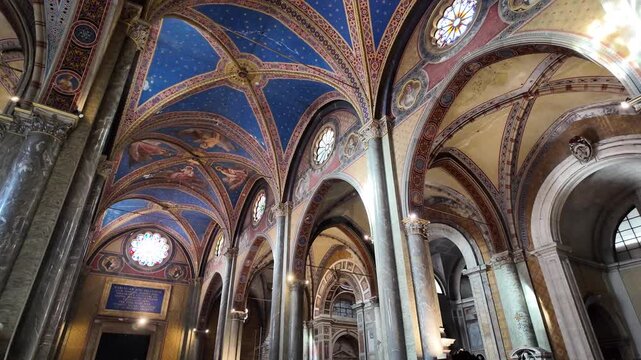 Slow motion view of blue Gothic ceiling Santa Maria sopra Minerva