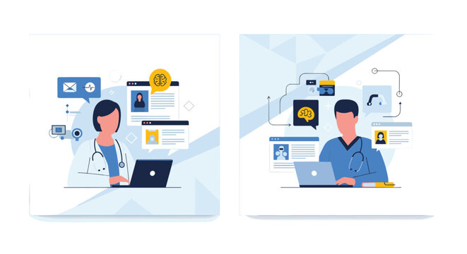 Diptych showing male and female doctors using laptops for telemedicine, accessing patient records and consulting with AI assistance.