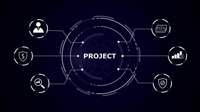 Dark blue technology-themed diagram with central 'PROJECT' text surrounded by circular HUD and six white icon nodes connected by lines