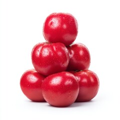 Fresh Red Tomatoes Stacked in a Pyramid Formation with Water Droplets Against a White Background