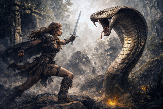 Fearless warrior confronts colossal serpent amidst ancient ruins.