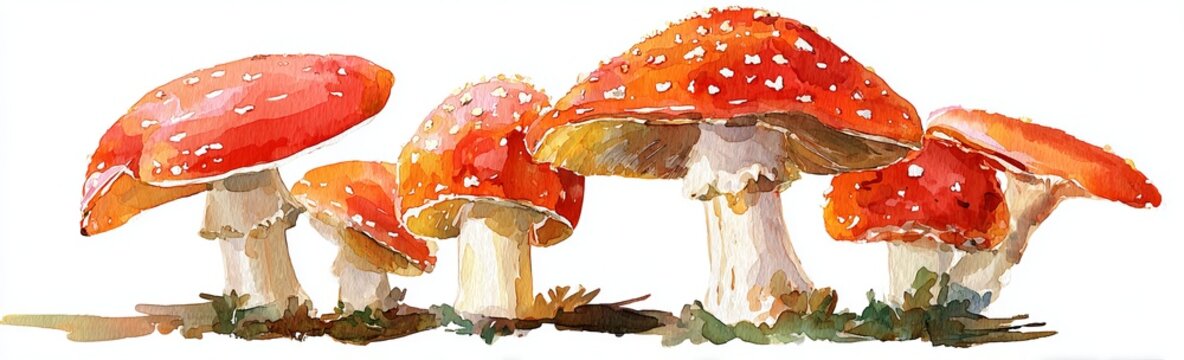 Amanita muscaria mushrooms, watercolor clip art isolated on a white background, vector illustration in the style of flaticon and dribbble, behance hd, created in adobe illustrator.