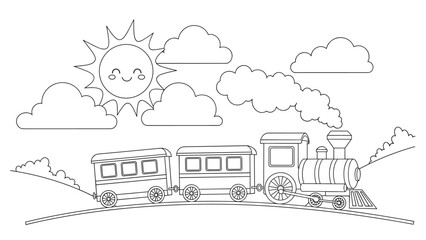 Naklejka premium Charming line art drawing of a toy steam train traveling through a hilly landscape with a smiling sun and fluffy clouds, perfect for coloring.