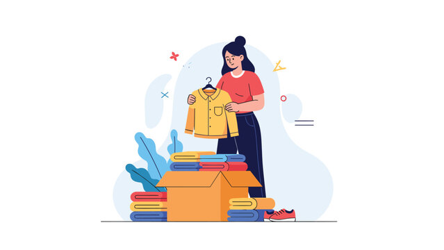 Woman stands over a large box filled with neatly folded stacks of colorful clothes while holding up a yellow shirt.
