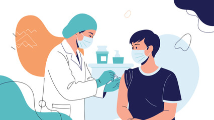 Fototapeta premium Professional doctor wearing a face mask and protective gear giving a vaccine injection to a young man in a medical facility.