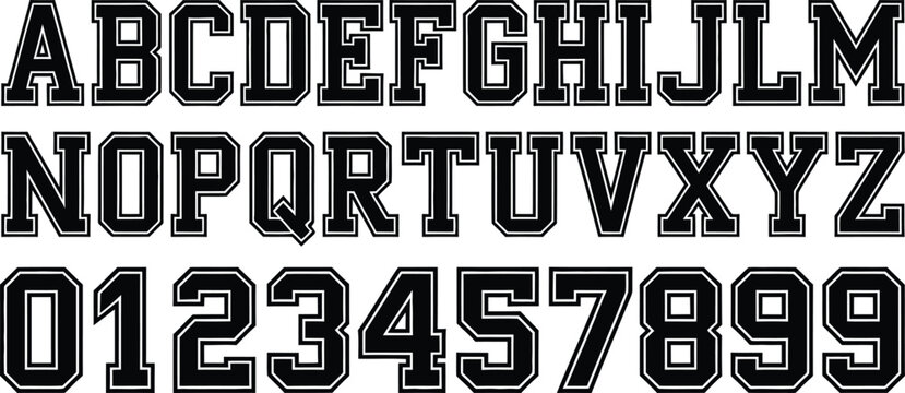 Complete Varsity Alphabet and Number Vector Set Featuring Black Collegiate Block Lettering with Grey Accents and Double Outlines for Athletic Team Branding