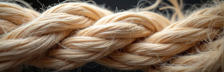 Fototapeta premium Close up texture of thick braided rope made from light beige natural fibers. Macro detail shows organic material, raw threads intertwined to form strong bundle. Useful for craft, textile rustic