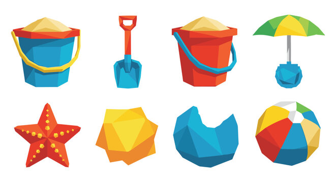 A colorful collection of low-poly beach toys, including a bucket, shovel, beach ball, starfish, and an umbrella, in a geometric style.