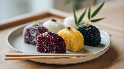 Five-Color Sticky Rice (五色糯米饭), traditional Guangxi Zhuang festival dish with naturally dyed glutinous rice in purple, yellow, red, black and white, arranged beautifully in sections, Guangxi Cuisine