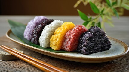 Five-Color Sticky Rice (五色糯米饭), traditional Guangxi Zhuang festival dish with naturally dyed glutinous rice in purple, yellow, red, black and white, arranged beautifully in sections, Guangxi Cuisine, 