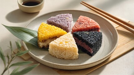 Five-Color Sticky Rice (五色糯米饭), traditional Guangxi Zhuang festival dish with naturally dyed glutinous rice in purple, yellow, red, black and white, arranged beautifully in sections, Guangxi Cuisine, 