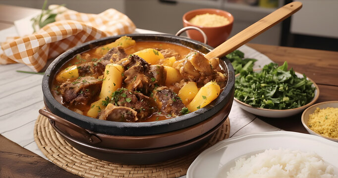 Vaca Atolada - Brazilian Beef and Cassava Stew served in a rustic bowl, accompanied by white rice, farofa (toasted cassava flour), and saut&eacute;ed kale, on a rustic wooden table.