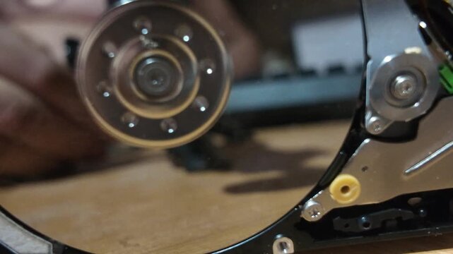 Close-up Internal Mechanism of internal components of a disassembled Computer Hard Disk Drive