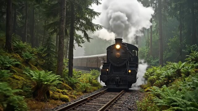 Vintage Steam Locomotive Traveling Through Dense Forest Landscape.