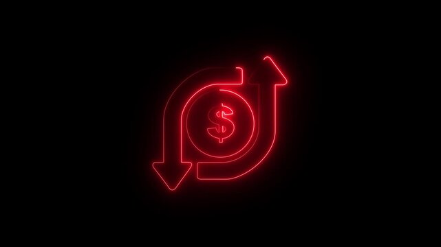 Money sign icon with animation change arrows in neon light ,financial exchange currency circulation and money transfer on a black background ,.Computing refresh icon arrows.4k motion video.