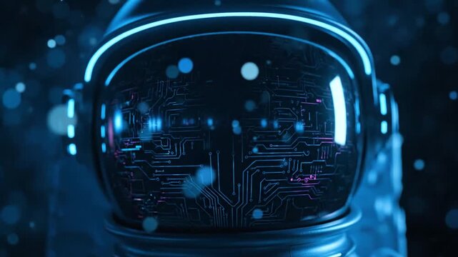Futuristic Astronaut with Glowing AI Circuit Board Visor Floating in Digital Space
