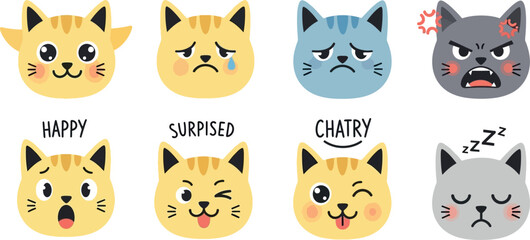 Fototapeta premium Collection of cartoon cat faces with various emotions and expressions