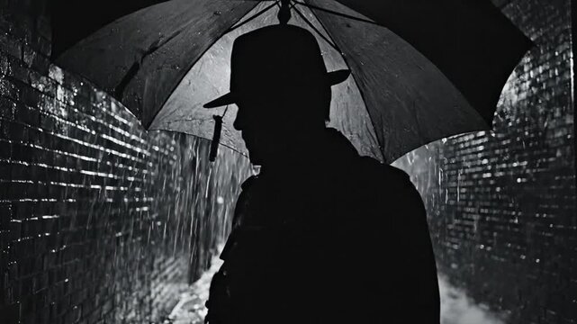 Mysterious Silhouette of a Man Holding an Umbrella Standing in a Dark Rainy Urban Alley