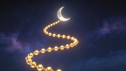 Obraz premium Glowing Crescent Moon and Golden Prayer Beads in Ramadan Night Background