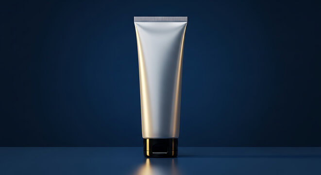 A white tube of toothpaste standing upright on a reflective surface