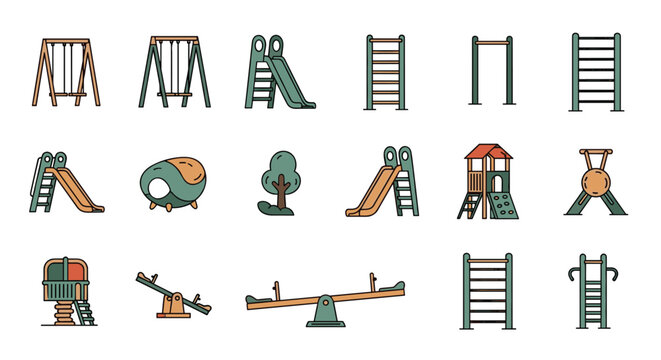 A vibrant collection of colorful playground equipment icons, including swings, slides, monkey bars, and seesaws for children's recreation.