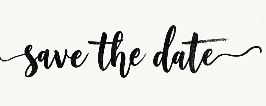 Save the date text with elegant script calligraphy. Black handwritten words on white background. Simple greeting announcement for wedding invitation card. Minimal design for event planning.