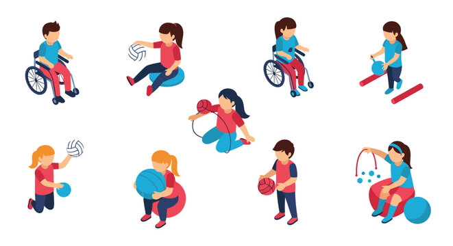 An inclusive isometric set showing children with and without disabilities participating in physical therapy and adaptive sports activities.