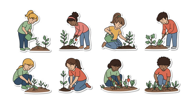 A charming sticker collection of diverse children engaged in gardening activities like planting seedlings, watering, and harvesting vegetables.
