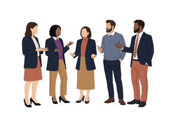 Fototapeta premium Diverse group of five business professionals in conversation and collaboration on a white background 