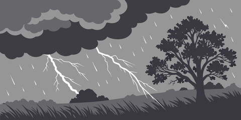 A solitary tree stands tall amidst a stormy landscape with dark clouds and heavy rain. © Icon Set