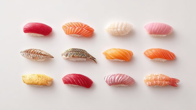 A selection of twelve assorted nigiri sushi pieces neatly arranged in three rows