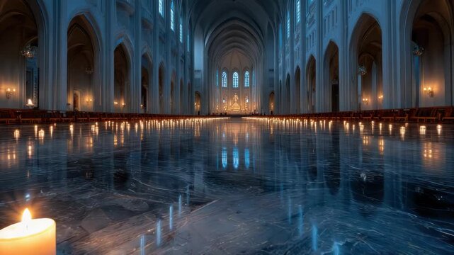 A large, dim cathedral interior with rows of candles and tall arches reflecting on the floor