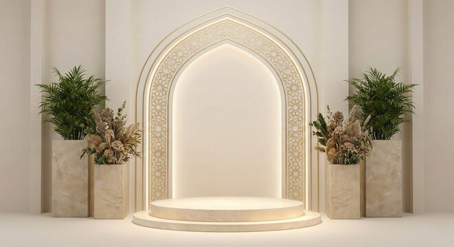 Elegant Islamic Archway With Podium And Plants In Vases isolated on transparent background