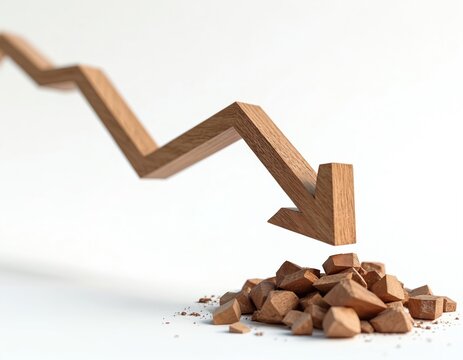 Wooden arrow chart points down. Pile of wood pieces below. Symbolizes economic decline, market crash, business loss, financial downturn, or stock performance drop.