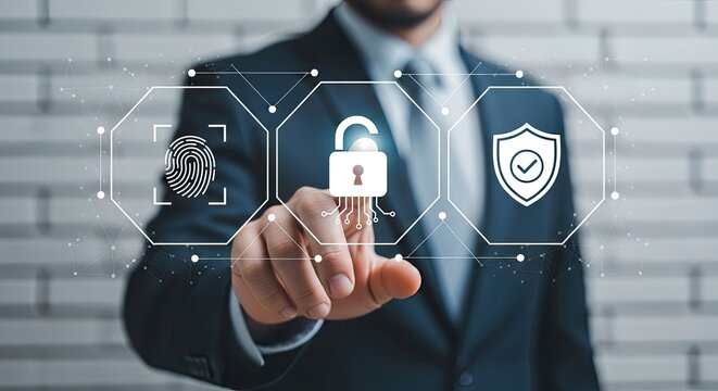 A businessman touches a virtual screen displaying an open padlock icon flanked by fingerprint and shield icons.